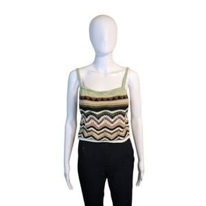 Derek Heart 70s Style Green & Brown Knit Crochet Spaghetti Strap Top Size M